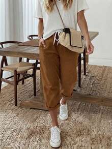 Celana Panjang 3/4 Kasual Warna Polos Ukuran Plus Wanita Jisfaneya, Pinggang Elastis dengan Tali Serut dan Saku - Coklat - View 2