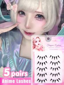 5 Pairs A-Type Pointed Tail Cartoon Style False Eyelashes, Japanese And Korean Style, C-Curl, 9-10mm Mixed Length, 3D Long Design, Naturally Lengthen Eye Shape, Easily Create Enlarged Eye Makeup Effect. Eyelashes Are Soft And Lightweight, Comfortable And Fitting To Wear, DIY Quick Application Saves Makeup Time, Easy To Operate Suitable For Beginners, Reusable, Suitable For Commuting, Dating, Traveling, Parties, Cosplay And Holiday Looks. - Black - View 5