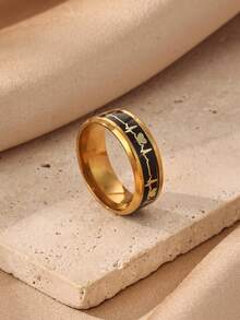 18k Gold Plated Inlay Black Carbon Fiber EKG Heartbeat Ring,Men's Stainless Steel 8mm Ring, Wedding Band,Engagement Ring, Jewelry Unique Gift - 1 - View 3
