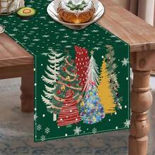 1pc Dark Green Background Christmas Tree & Snowflake Print Table Runner, Linen Texture Holiday Table Runner, For Dining Table Christmas Party Home Decor - Green - View 3