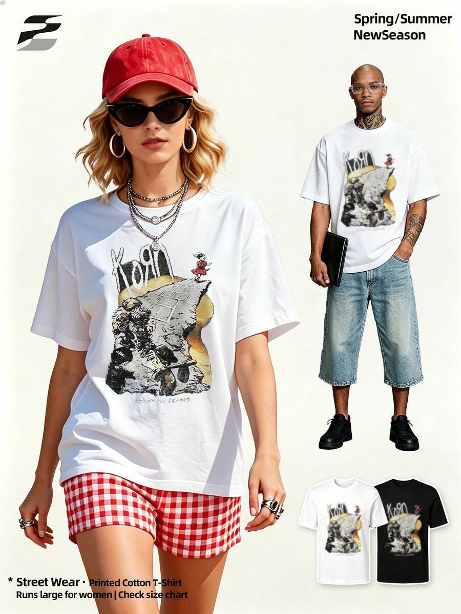 Damen weiches Baumwoll bedrucktes Rundhals T-Shirt, Vintage Y2K Stil, atmungsaktives Kurzarm Oberteil für Alltag & Wochenendkleidung. - Weiss - Übersicht 1