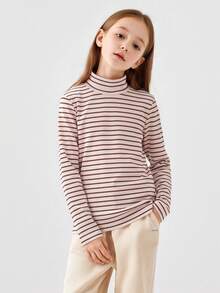 Balabala Unisex Tween Girl Striped Long‑Sleeve Base Shirt Soft Skin‑Friendly Fashion Top Cozy Versatile Inner Wear For Winter - Red Hue - View 3