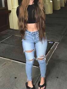 GADIS BAHAGIA # Mode Musim Semi Musim Panas Kasual Seksi Liburan Harian Perjalanan Celana Jeans Denim Wanita Sobek Sederhana Slim Fit Elastis Ketat - Biru - View 2