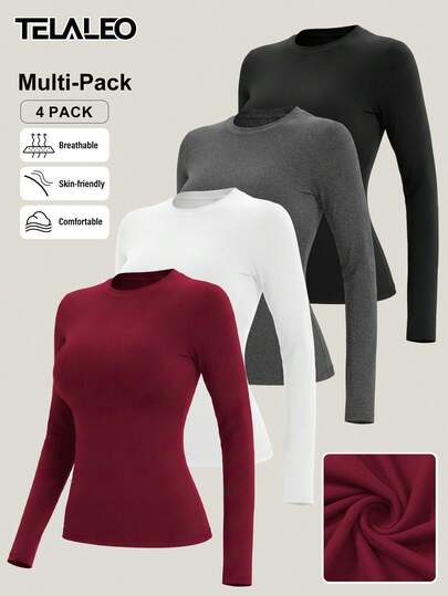 TELALEO 4 Packs Women's Long Sleeve Basic Shirts Crew Neck Slim Fitted Compression Gym Workout Athletic Underscrubs Tops