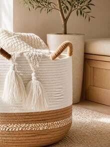 1pc Large 3-Color Cotton Rope Laundry Basket With Dual Handles, Soft Foldable Round Storage Bin For Blankets, Towels, Clothes, Toys And Pillows, Bohemian Style Bedroom, Bathroom, Nursery, Laundry Room And Dorm Storage Basket - Brown - View 3
