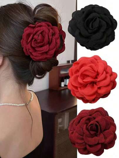 3PCS Women's Solid Color Fabric Large Multi-Layer Rose Flower Hair Clips Elegant Large Hair Claw Clips Elegant Sweet Fashion Campus Style Suitable For Party Wear, Prom Wear, Party Wear, Daily Wear