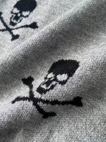 BuyK [Tops]Halloween Skull Print Crewneck Sweater Grey Long Sleeve Knit Pullover Casual Loose Top - Gray 1 - View 8