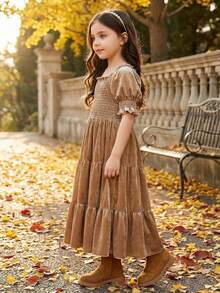 Tween Girl Solid Color Shirred Waist Short Sleeve Cute Square Neck Holiday Party Mid-Length Velvet Dress - Brown - View 4