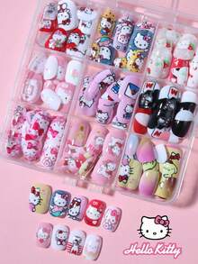 Sanrio Hello Kitty 216片/組（9款混色）短方型法式指尖美甲片，可愛3D Hello Kitty & Kuromi & Cinnamoroll & Pompompurin 穿戴式壓感假指甲，完美貼合壓克力假指甲組，附收納盒，適合女孩日常佩戴與家庭聚會使用 - 彩色 - 查看 1