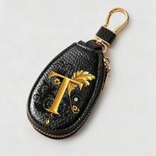 Litchi Pattern Key Bag -Black Gold Letters A-Z Car Key Protection Cover,PU Key Storage Clip,Zipper Bag,Car Key Storage Device,Car Keychain,Unisex Gift - Multicolor - View 26