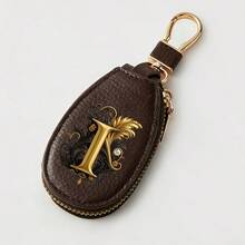 Litchi Pattern Key Bag -Black Gold Letters A-Z Car Key Protection Cover,PU Key Storage Clip,Zipper Bag,Car Key Storage Device,Car Keychain,Unisex Gift - Multicolor - View 33