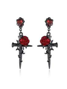 2 buah Anting Liontin Salib Mawar Berwarna-warni Bertatahkan CZ Logam Gaya Gothic Gelap untuk Wanita, Cocok untuk Pesta Sehari-hari, Perhiasan Halloween - MultiWarna - View 5