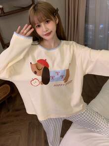 2pcs/Set Women's Pajamas Loungewear Set, Pullover Round Neck Cute Animal Print Minimalist Long Sleeve Cropped Pants, Comfortable For Home Wear - Yellow - View 8
