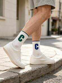 2 Pairs Men's Mid-Calf Socks With Letter C, Green, Blue, White, Suitable For Outdoor And Indoor, Unisex, Comfortable Fabric, Fashion, Sports, Gift For Men - Multicolor - View 5