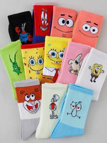 SpongeBob SquarePants 1/3/5/8/10雙隨機款 SquarePants 卡通中筒襪，適合街頭風與休閒穿搭，可愛校服與日常穿著 - 彩色 - 查看 2