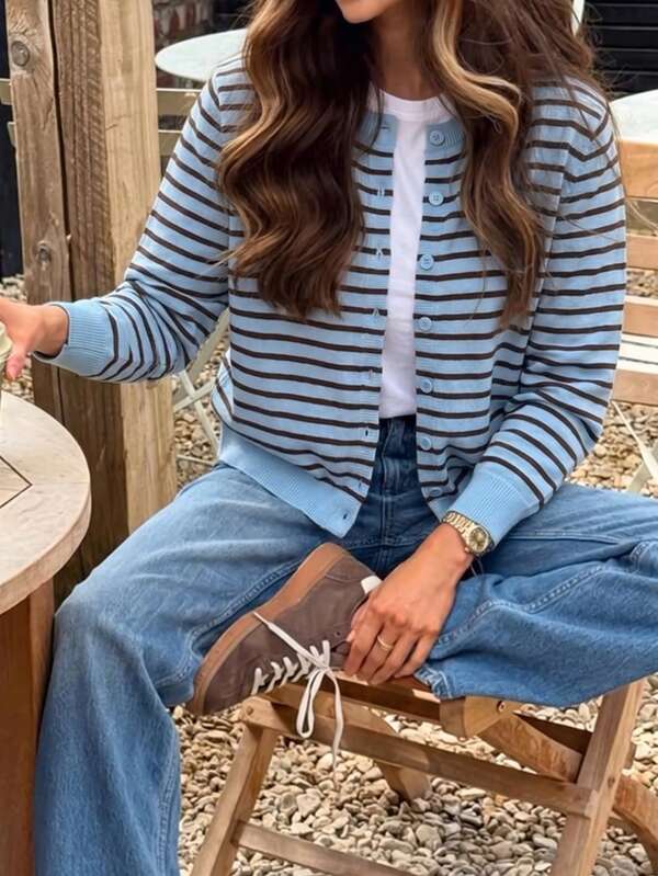 Just Masa Women's Fall Casual Striped Sweater Button-Up Cardigan,Long Sleeve Round Neck Rib-Knit Basic Top,For Daily Wear,Going Out,Vacation,Office