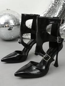Women's Pointed Toe Black Hollow Out High Heel Ankle Boots, Multi-Buckle Lace-Up Backless High Heel Boots, Party Dress Boots - Black - View 2