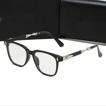 1 Pair Korean Style Black Square Frame Vintage Carved Decorative Temple Glasses, Unisex, Suitable For Daily Commute, Office Work, School, Shopping, Home Office
