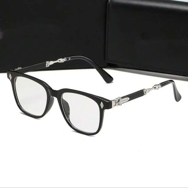 1 Pair Korean Style Black Square Frame Vintage Carved Decorative Temple Glasses, Unisex, Suitable For Daily Commute, Office Work, School, Shopping, Home Office