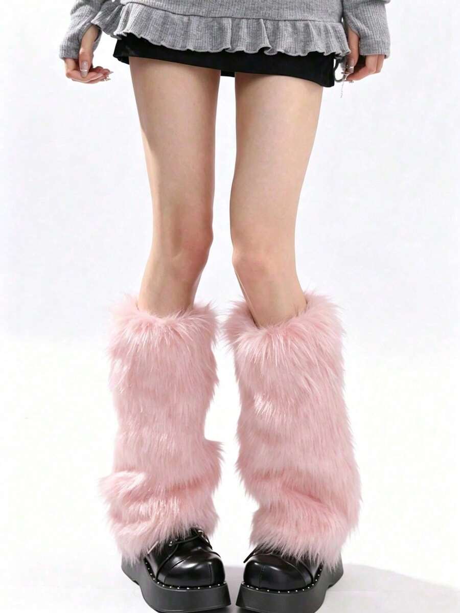 1 Pair Y2K Style Women's Plush Warm Leggings, Soft Fluffy Boot Covers, Suitable For Winter, Halloween And Santa Claus Costume Matching - Multicolor - View 1
