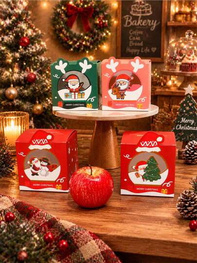 6pcs/12pcs/24pcs Christmas Theme Window Gift Box, Santa Claus Gift Pattern, Top Deer Horn Snap, Transparent Window Dust-Proof, Single Dessert Packaging Display Box, Suitable For Christmas New Year Bakery