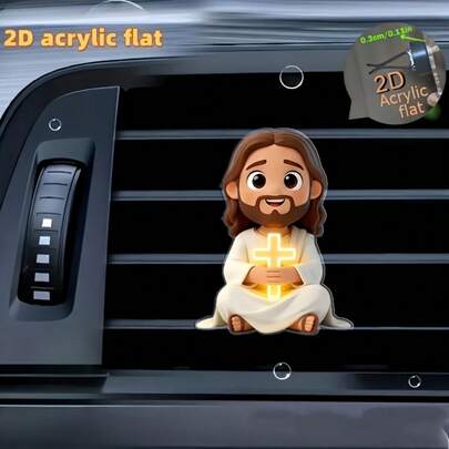 2D Flat Jesus Holding Glowing Cross Pattern Car Air Vent Clip Decor, Acrylic Cartoon Ornament With Scent Diffuser, Car Interior Accessory, Clip-On Air Freshener, Holiday Gift