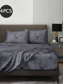4-Piece Black Marble Pattern Bedding Set, Includes 1 Fitted Sheet, 1 Flat Sheet And 2 Pillowcases, Mattress Protector Set (Pillow Inserts Not Included), Suitable For King/Queen/Full/Twin Sizes, Deep Pocket Fitted Sheet Up To 11.8 Inches - Black - View 2