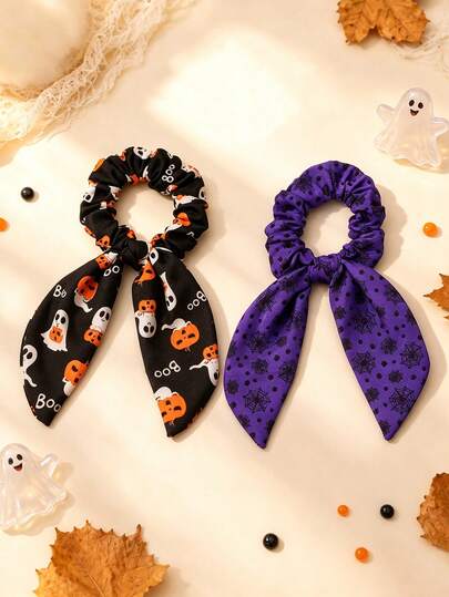 2pcs Orange Purple Halloween Bow Hair Ties,Pumpkin Ghost Spider Web Hair Scrunchies,Elegant Ribbon Hair Band,Cute Hair Accessories For Girl Gift Party