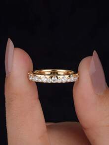 1pc 2mm Round Cut Wedding Band Ring, Half Eternity Diamond Engagement Ring, Stackable, Single Claw Set Wedding Ring - Gold - View 3
