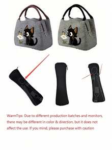 Aesthetic Striped Insulated Lunch Bag, Black Cat & Leaf Pattern, Lightweight Canvas Lunch Box, Large Capacity, Suitable For Work, School, Picnic, Travel, Hiking - Multicolor - View 9