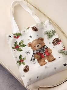 1pc Little Bear Print Canvas Tote Bag, Large Capacity Hand‑Held Shoulder Bag,Reusable Shopping Bag For Music Festival Party Daily Packing Books - Multicolor - View 4