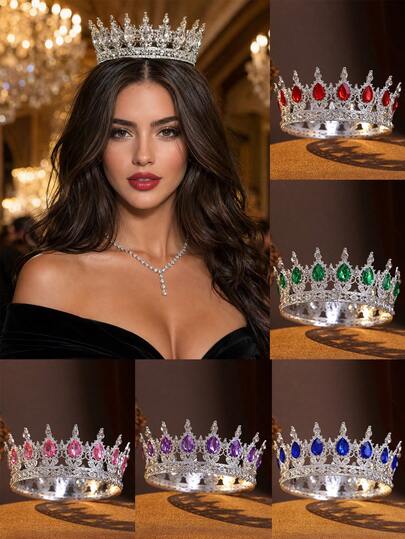 Elegant Sparkly Silver Full Round Teardrop Rhinestone Bridal Crown Tiara Headpiece For Wedding Prom Birthday Photoshoot Party Decor
