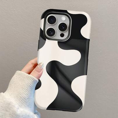 1pc Black & White Abstract Wave Print Phone Case, Asymmetric Fluid Cow Pattern Design, 2-In-1 Protective Film, Film 2-In-1 Full Coverage Hard Shell, Anti-Drop Ultra-Thin Fit Protective Cover, This Phone Case Features A Smooth Surface And Dual-Layer Film Structure, Providing Glossy Anti-Drop Protective Shell Compatible With Apple 11/12/13/14/15/16/17/18 Pro Max, Korean-Style High-End Fashion Fun Design, Elegant Style, Suitable For Men And Women; Perfect Gift For Girlfriend On Christmas, Valentine's Day, Easter, Wedding Season And Birthday!