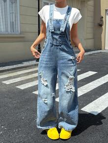 Eleganter lässiger Damen-Jumpsuit aus gewaschenem, distressed Denim, Herbst-Urlaubsoutfit - Helle Waschung - Übersicht 3