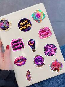 50Pcs Neon Positive Affirmation Stickers, Holographic Cosmic Art, Motivational Quote & Crystal Motif, Waterproof Vinyl Stickers, For Water Bottle, Laptop, Journal Scrapbook Decor - Multicolor - View 5