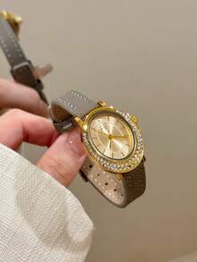 1pc Minimalist Gold Dial Bar Index Oval Strap Women's Quartz Watch, Suitable For Daily Wear - Grey - View 1