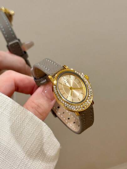 1pc Simple Gold Dial Bar Markers Oval Strap Women'S Quartz Watch Suitable For Everyday Wear