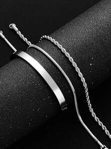 3pcs/1pc Fashion Open Cuff Bracelet Snake Chain Twisted Rope Chain Minimalist Premium Gold Layered Jewelry Fade-Resistant Men's Accessory Suitable For Daily Wear Valentine's Day Gift Back To School Party Banquet - Silver - View 4