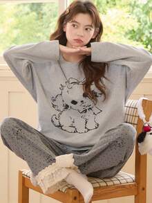 2pcs Women's Pajama Set, Pullover Round Neck Cute Animal Print Minimalist Long Sleeve Cropped Pants, Suitable For All Seasons - Grey - View 9