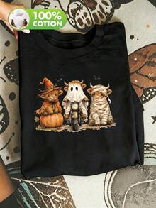 Retro-Style Plus-Size Black Casual T-Shirt Featuring An Embossed Halloween Design (Calf, Pumpkin, And Ghost); Madeof100% Cotton; Perfect For Halloween - Black - View 2