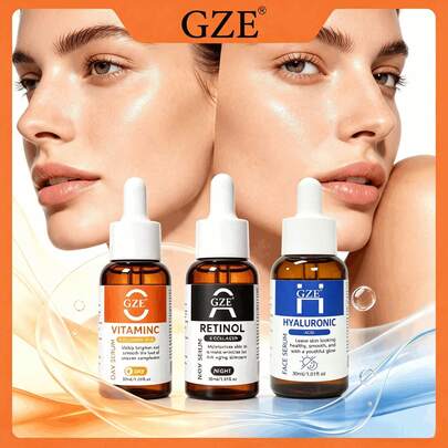 GZE 日夜修護精華 3 件組，每瓶 30ml，維生素 C、視黃醇與玻尿酸臉部精華套組，完整日常護膚流程，打造亮澤柔嫩肌膚
