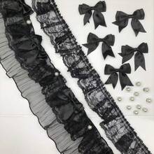 Black Elastic Double Layer Ruched Lace Trim, Elastic Lace Ruffle, Suitable For Sewing DIY Handmade Clothing Fringe, Race Ribbon, Coming Of Age Hair Ornament - 1 Yard Lace + 5 Pcs Oversized Bows - View 9