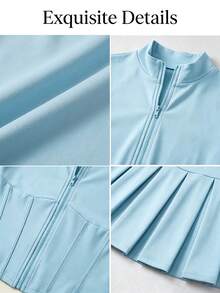 Chic Women's Two Pieces Outfit With Stand Collar Zipper Top And Pleated Mini Skirt, Elegant And Casual Corset-Inspired Design For Fall - Light Blue - View 3