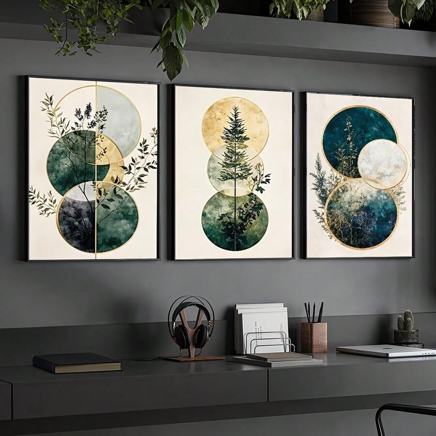 3pcs/Set Retro Style Geometric Patterns And Tree Branch Design Canvas Poster, Abstract Art Wall Decoration, Wall Art, Suitable For Bedroom, Living Room, Study, Kitchen, Office, Dining Room Decoration, Home Decoration