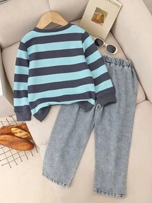 2pcs/Set Boys Spring Autumn Striped Bear Embroidery Crew Neck Long Sleeve Sweatshirt & Washed Denim Jeans Elastic Waist Comfortable Casual Outfit - Multicolor - View 7