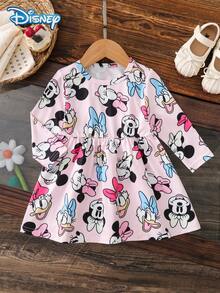 Disney Minnie & Mickey Big Head Print Pink Long Sleeve Dress For Baby Girls, Spring/Autumn, Cartoon Pattern, Slightly Elastic Knit, Round Neck, Suitable For Baby Girl Daily Wear, Great Gift - Pink - View 2