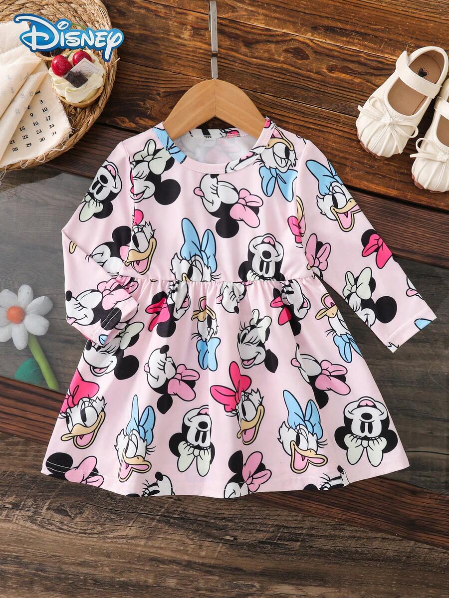 Disney Minnie & Mickey Big Head Print Pink Long Sleeve Dress For Baby Girls, Spring/Autumn, Cartoon Pattern, Slightly Elastic Knit, Round Neck, Suitable For Baby Girl Daily Wear, Great Gift - Pink - View 1