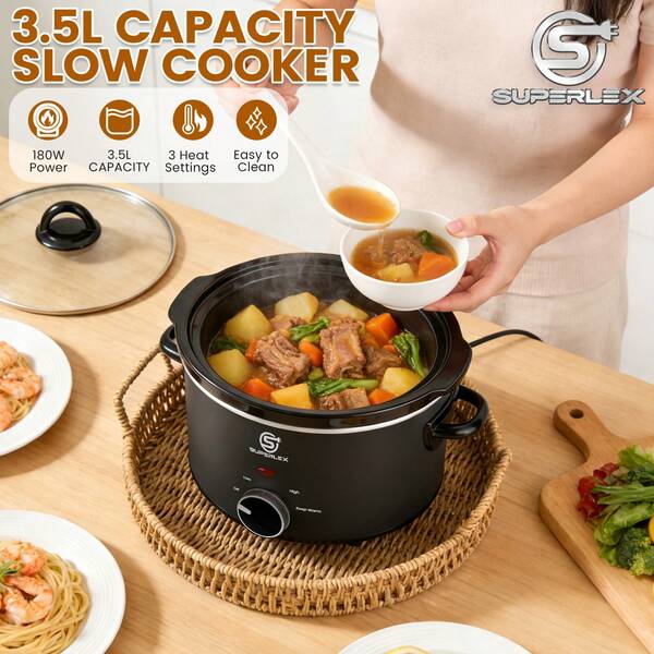 SUPERLEX 3.5L Slow Cooker, Adjustable Temp, Entrees, Sauces, Stews & Dips, Dishwasher Protetc Glass Lid & Crock, Stainless Steel, Kitchen Appliances, Cookware, Cooking Pot, Kitchen Items, Slow Cooker, Slow Cooker,270W Slow Cooker
