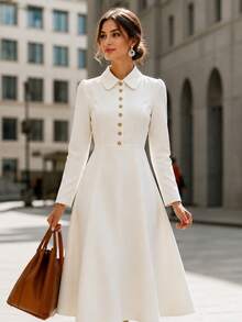 Women's Spring/Autumn Elegant Solid Color Lapel Long Sleeve A-Line Fashion Minimalist Dress White - White - View 1