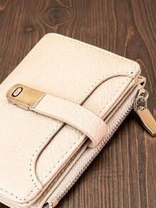 Women's Short PU Soft Fashion Patchwork Exquisite Snap Large Capacity Multi-Card Slot Multi-Function Card Holder Document Storage Bag, Young Zipper Coin Purse Compact Lightweight Convenient To Carry Suitable For Holiday Gift - Apricot - View 1